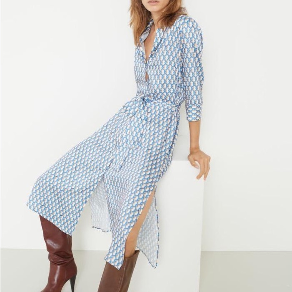 MARELLA Blue and White Geometric Long Sleeve Dress - Picture 14 of 14